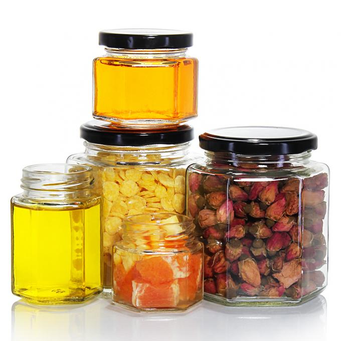 사용자 지정 로고 100 ml 180 ml 280 ml 380 ml 햄 소스 저장 유리 병 맑은 육각형 유리 꿀 병 1