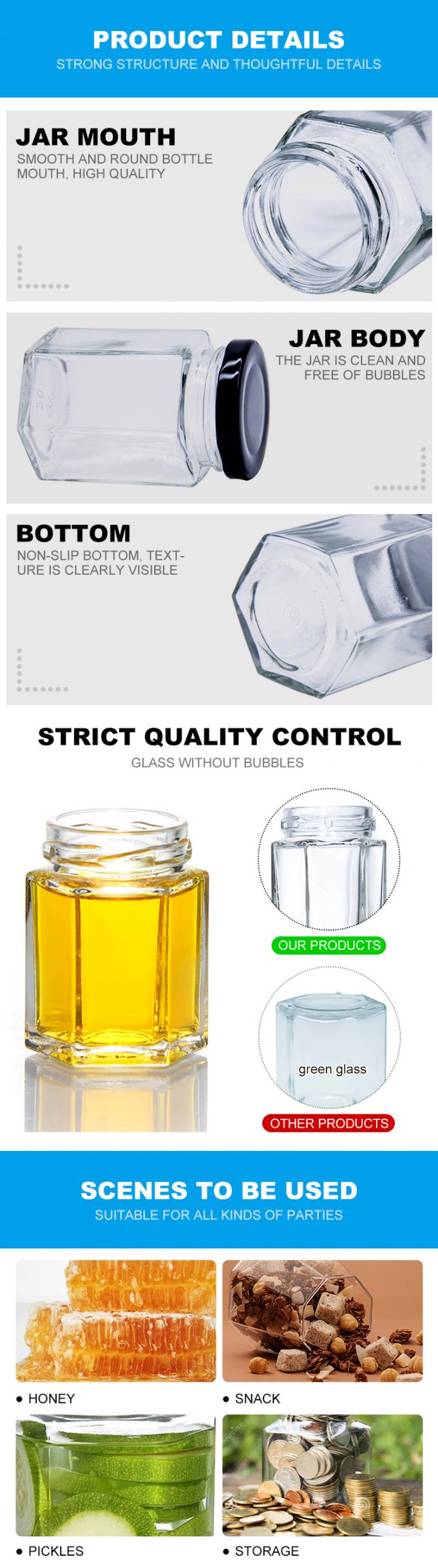 맞춤형 모양 250ml 300ml 400ml 500ml 육각형 모양 유리 꿀 병 3