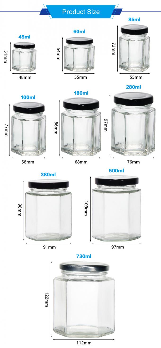 맞춤형 모양 250ml 300ml 400ml 500ml 육각형 모양 유리 꿀 병 2