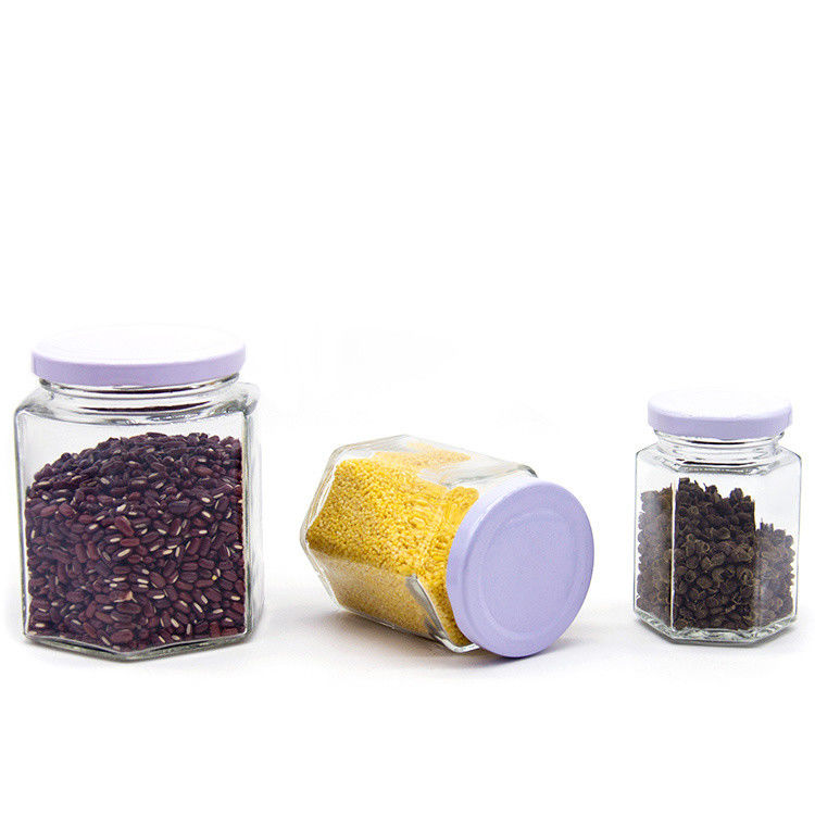 사용자 지정 로고 100 ml 180 ml 280 ml 380 ml 햄 소스 저장 유리 병 맑은 육각형 유리 꿀 병