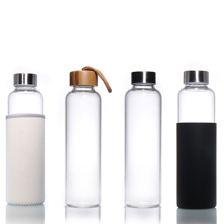 옥외 35ml 500ml 둥근 스포츠 고 보로실리케이트 유리 물병 실리콘 수갑